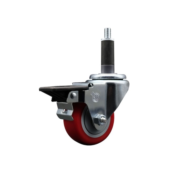 Service Caster 3'' Red Poly Swivel 1'' Expanding Stem Caster with Brake SCC-EX20S314-PPUB-RED-PLB-1 - main